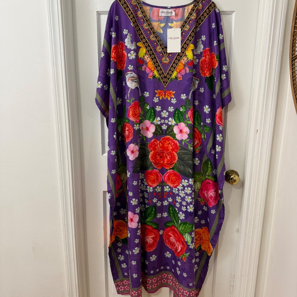Miss Lavish Kaftan‎ Dress L Tropical Birds Flowers Resort White Lotus Boho NWT